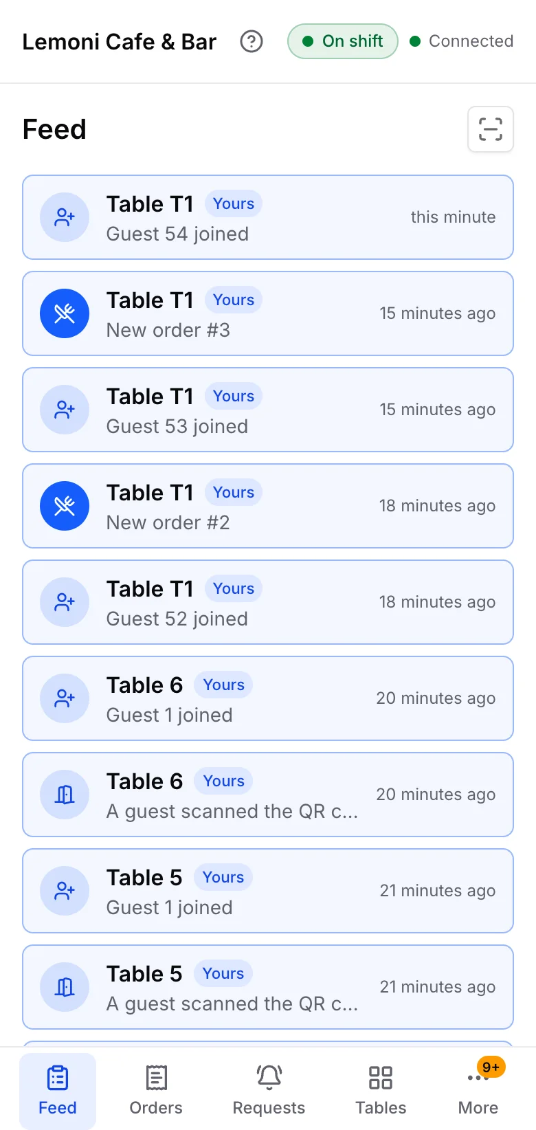 TableButler's staff app: the live feed of orders and waiter calls